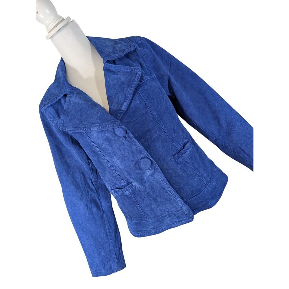 CHICO'S! BRIGHT ROYAL BLUE GENUINE SUEDE LEATHER WIDE LAPEL JACKET, COAT! SZ L